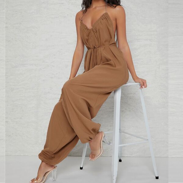 

Open Back Belted Cami Jumpsuit, Brown