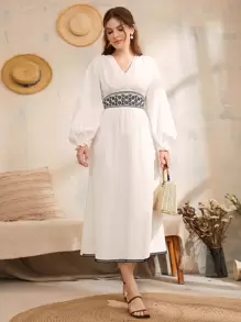 Mulvari Vestido con bordado de cintura fruncido de manga farol - Blanco - Ver 1