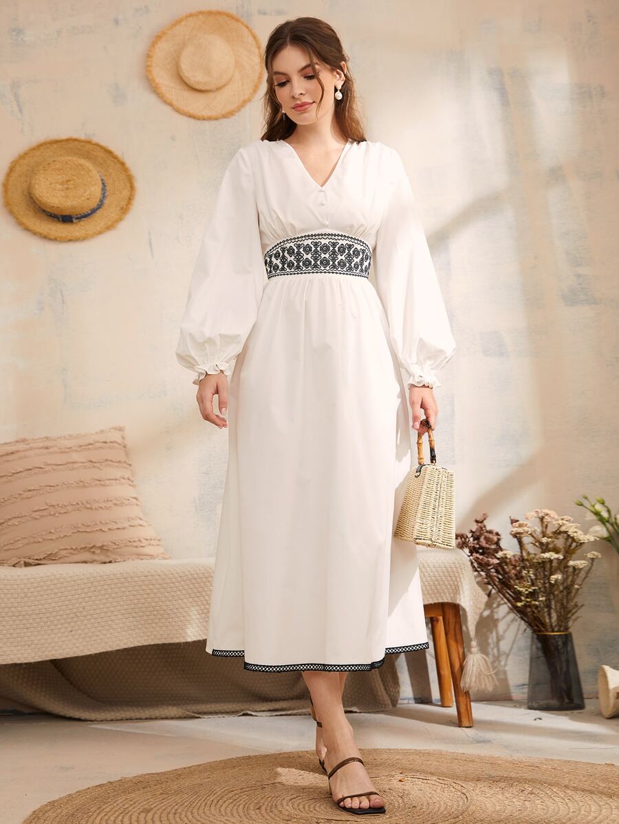 Mulvari Vestido con bordado de cintura fruncido de manga farol - Blanco - Ver 1