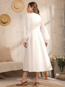 Mulvari Vestido con bordado de cintura fruncido de manga farol - Blanco - Ver 2