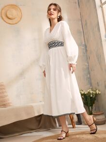Mulvari Vestido con bordado de cintura fruncido de manga farol - Blanco - Ver 3
