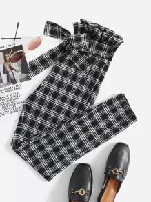 SHEIN Essnce 格紋紙袋型腰腰帶長褲 - 黑色 - 查看 1