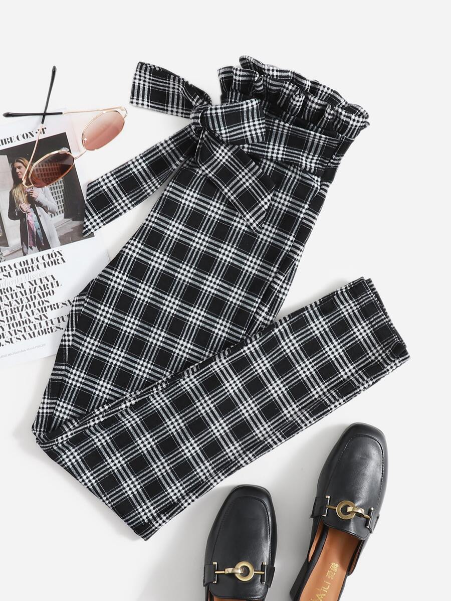 SHEIN Essnce 格紋紙袋型腰腰帶長褲 - 黑色 - 查看 1