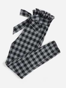 SHEIN Essnce 格紋紙袋型腰腰帶長褲 - 黑色 - 查看 4