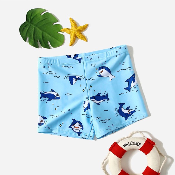 

Toddler Boys Cartoon Shark Print Swim Shorts, Baby blue