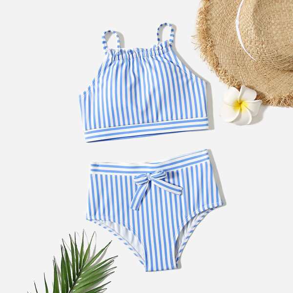 

Girls Striped Knot Front Bikini Swimsuit, Blue and white