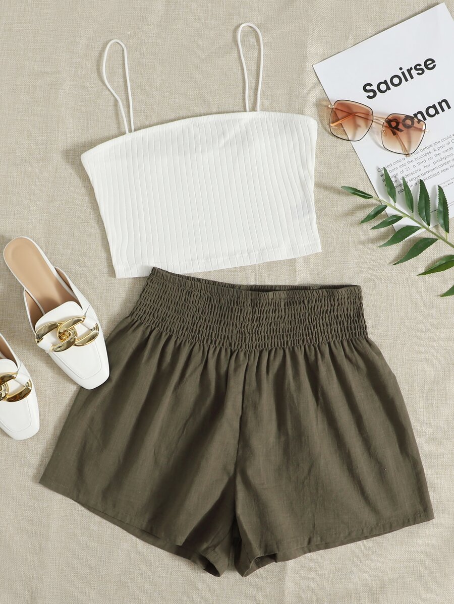 SHEIN VCAY Crop Cami Top & Shirred Waist Shorts Set - Multicolor - View 1