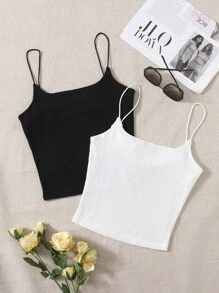 SHEIN Essnce 2 Packs Rib-Knit Cami Top - Black and White - View 1