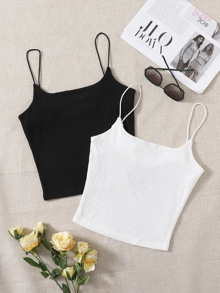 SHEIN Essnce 2 Packs Rib-Knit Cami Top - Black and White - View 1
