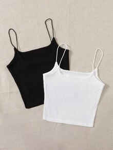 SHEIN Essnce 2 Packs Rib-Knit Cami Top - Black and White - View 2