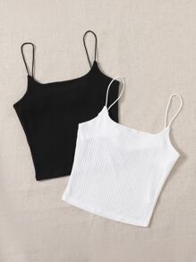 SHEIN Essnce 2 Packs Rib-Knit Cami Top - Black and White - View 5