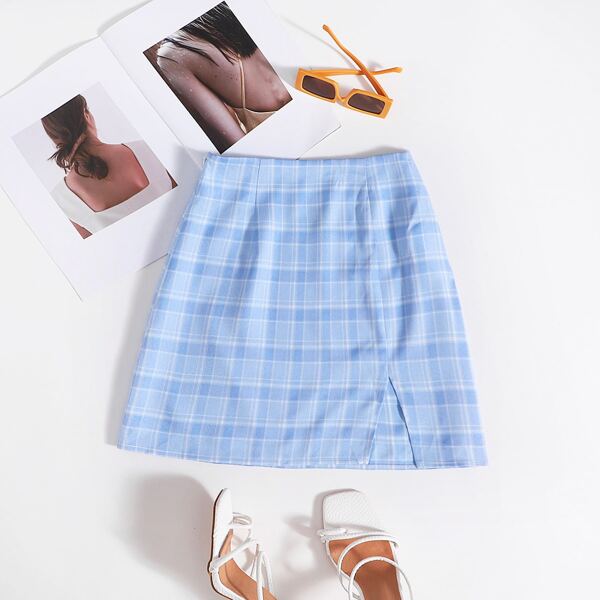 

Zipper Side Split Hem Plaid Skirt, Baby blue