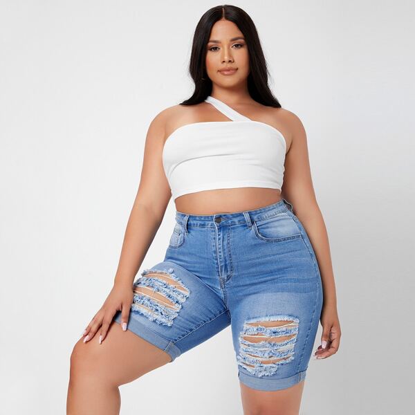 

Plus Rolled Hem Ripped Denim Shorts, Light wash