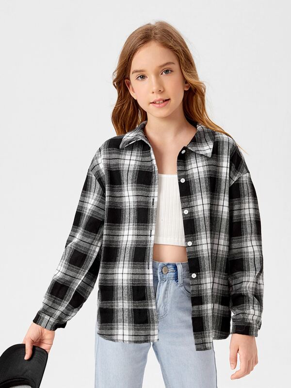 SHEIN Tween Girl Plaid Drop Shoulder Blouse