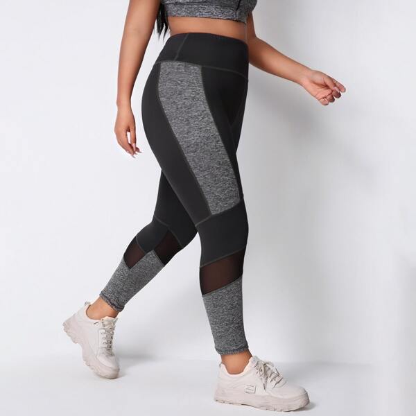 

Plus Space Dye Contrast Mesh Sports Leggings, Black