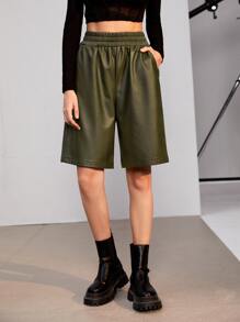 SHEIN Solid High Waist Bermuda Shorts - Army Green - View 1