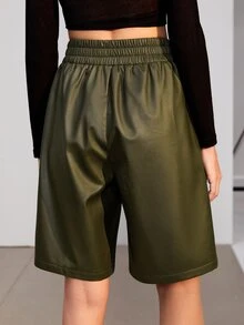 SHEIN Solid High Waist Bermuda Shorts - Army Green - View 4