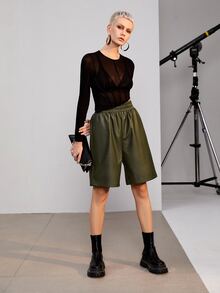 SHEIN Solid High Waist Bermuda Shorts - Army Green - View 2