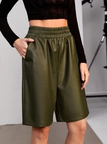 SHEIN Solid High Waist Bermuda Shorts - Army Green - View 3