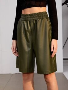 SHEIN Solid High Waist Bermuda Shorts - Army Green - View 5