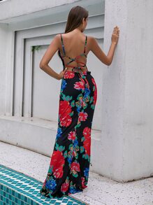LOVE&LEMONADE Floral Print Lace Up Back Mermaid Hem Dress - Multicolor - View 2