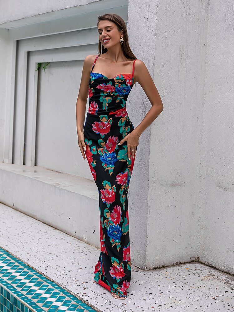 LOVE&LEMONADE Floral Print Lace Up Back Mermaid Hem Dress - Multicolor - View 3