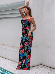 LOVE&LEMONADE Floral Print Lace Up Back Mermaid Hem Dress - Multicolor - View 4
