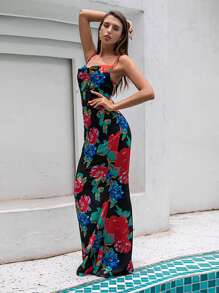 LOVE&LEMONADE Floral Print Lace Up Back Mermaid Hem Dress - Multicolor - View 5