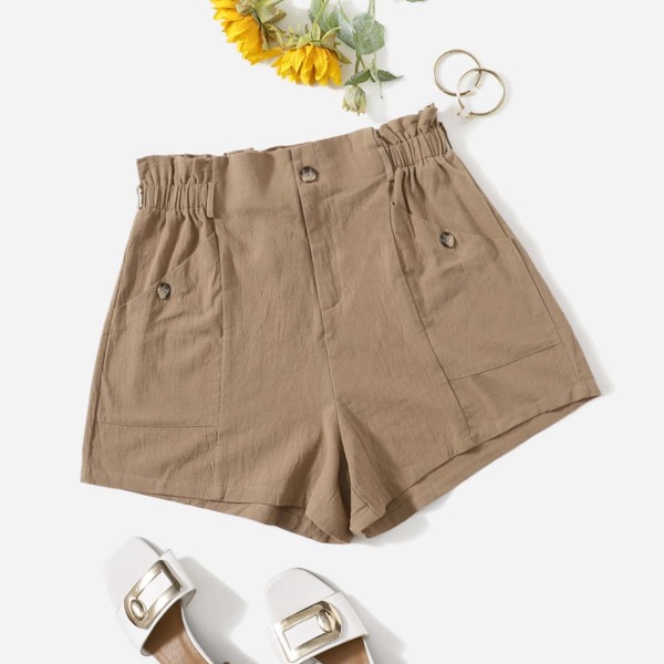

Plus Solid Paper Bag Waist Shorts, Khaki