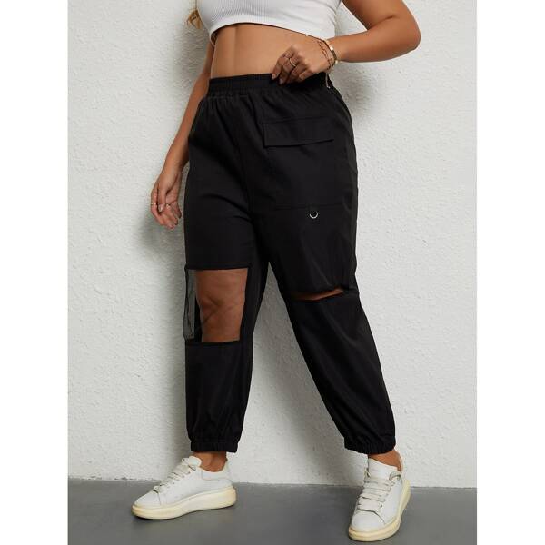 

Plus Contrast Mesh Cropped Pants, Black