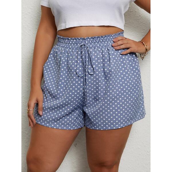 

Plus Polka Dot Paperbag Waist Shorts, Dusty blue