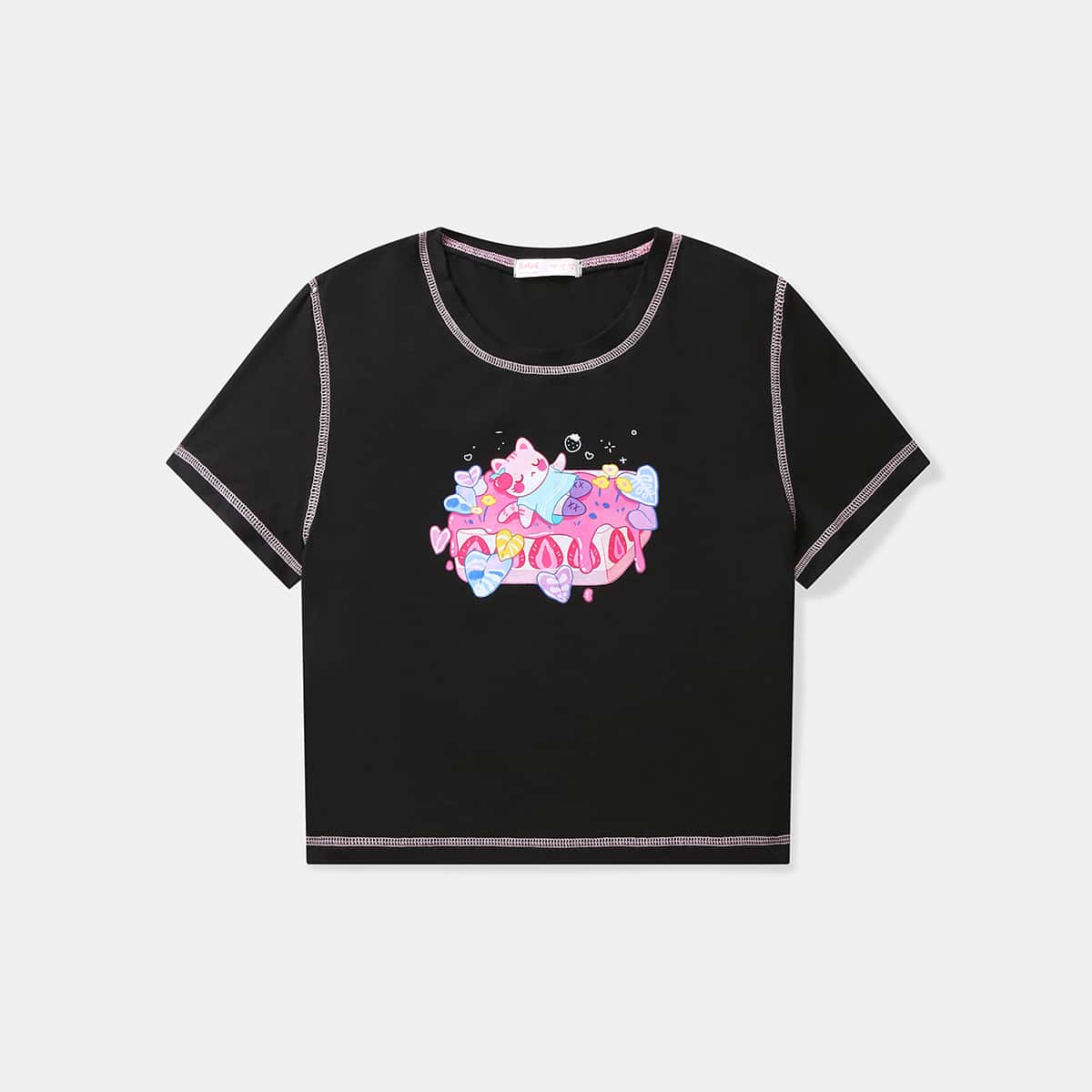 

Stitching Trim Cartoon Graphic Crop Tee, Black