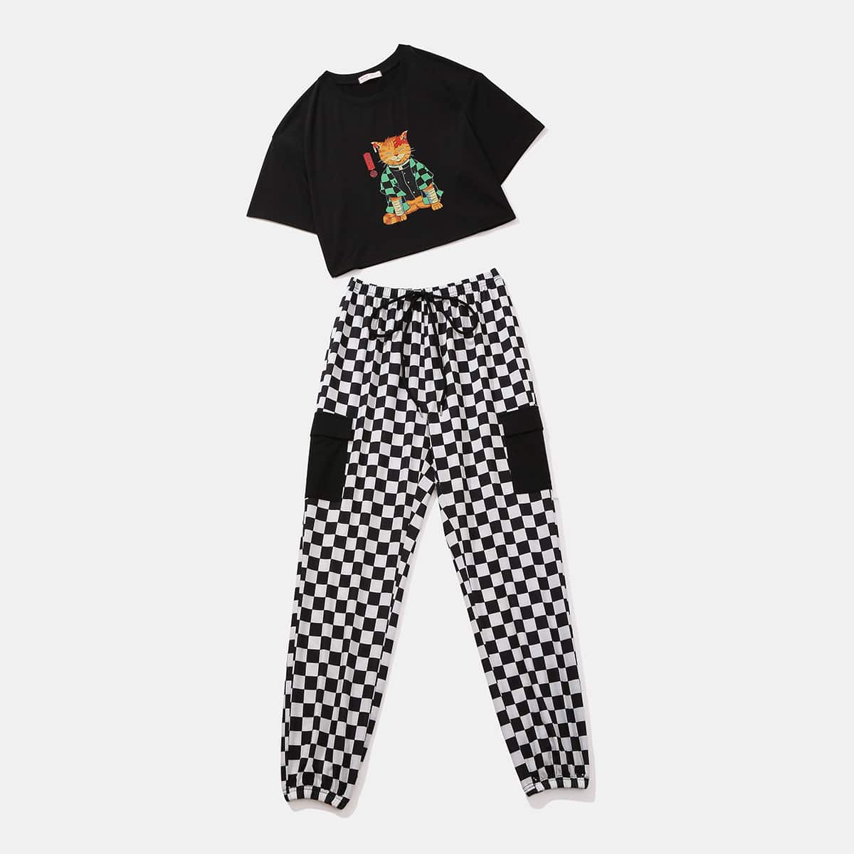 

Cartoon Cat Graphic Tee & Plaid Pants, Black and white