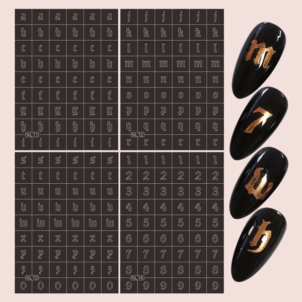 

4pcs Letter Graphic Nail Art Template, Black