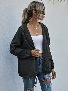 SHEIN LUNE Zip Up Drawstring Windbreaker Jacket - Black - View 1