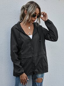 SHEIN LUNE Zip Up Drawstring Windbreaker Jacket - Black - View 3