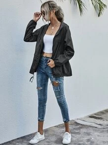 SHEIN LUNE Zip Up Drawstring Windbreaker Jacket - Black - View 4