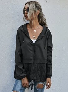 SHEIN LUNE Zip Up Drawstring Windbreaker Jacket - Black - View 5