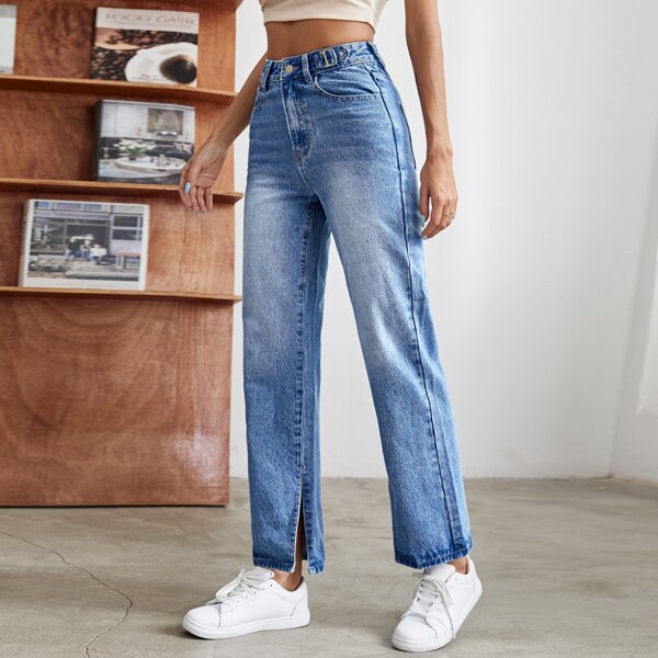 

High Waist Slit Hem Straight Leg Jeans, Medium wash