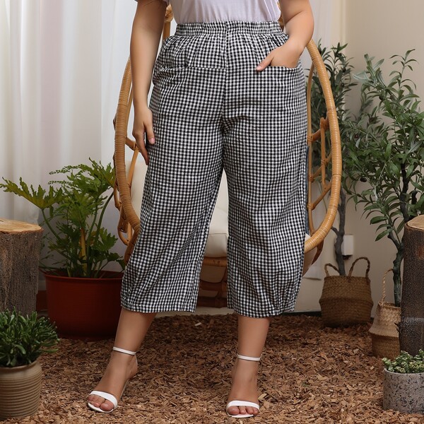 

Plus Gingham Print Dual Pockets Wide Leg Pants, Black and white