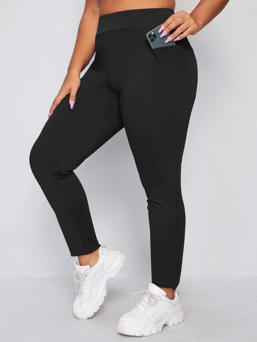 Plus High Waisted High Stretch Leggings With Phone Pocket - Black - View 1
