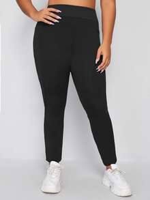 Plus High Waisted High Stretch Leggings With Phone Pocket - Black - View 3