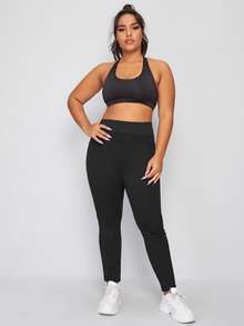 Plus High Waisted High Stretch Leggings With Phone Pocket - Black - View 4