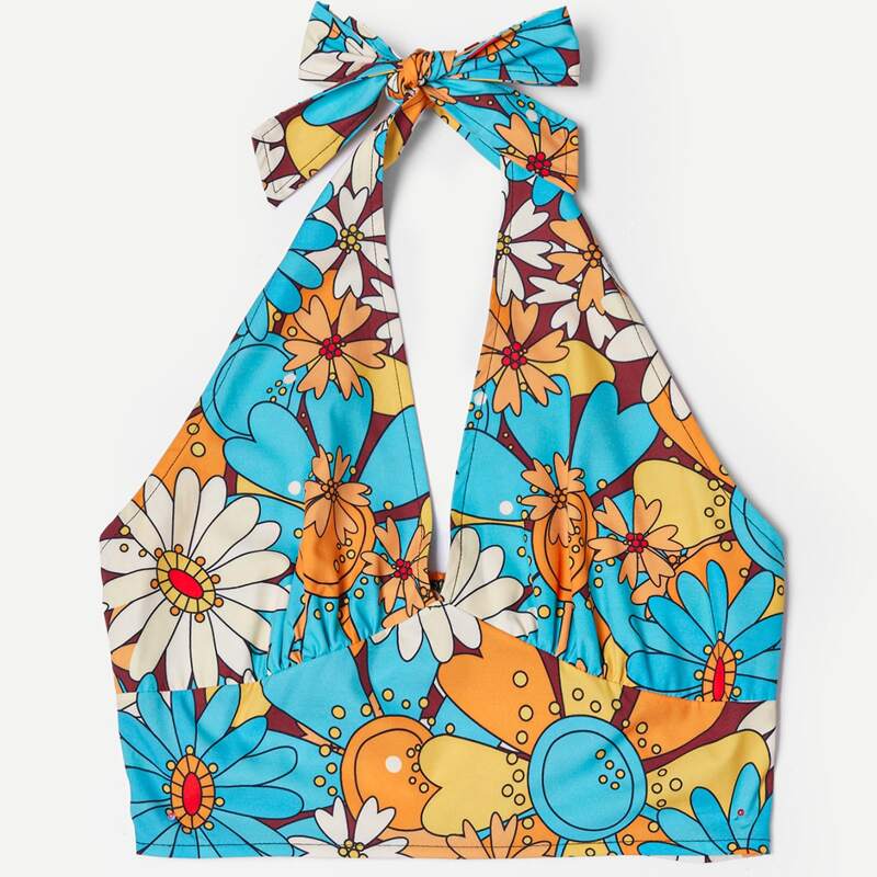 

Floral Graphic Crop Halter Top, Multicolor