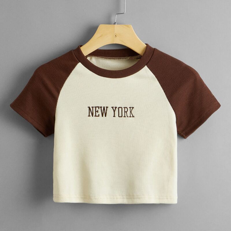

Letter Embroidery Colorblock Ribbed Tee, Multicolor