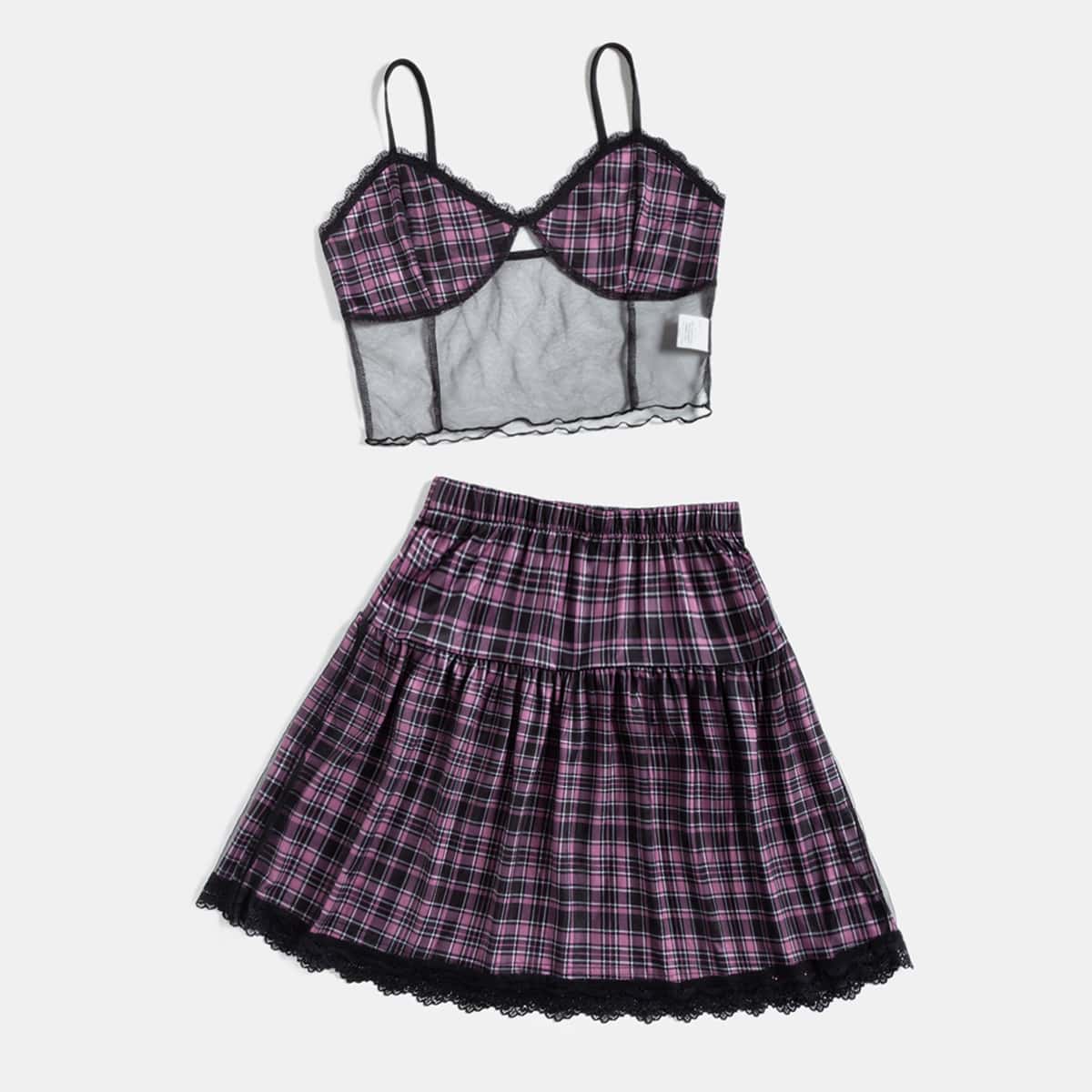 

Plaid Contrast Lace Cami Top & Skirt, Multicolor