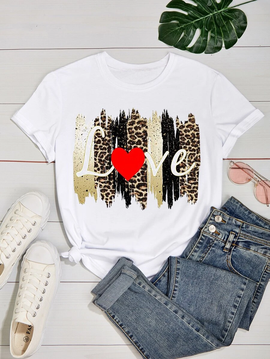 SHEIN LUNE 刷和字母圖案T恤 - 白色 - 查看 1