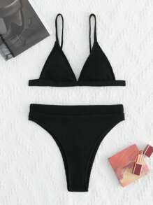 Bikini de tiro alto con triángulo de costilla - Negro - Ver 4