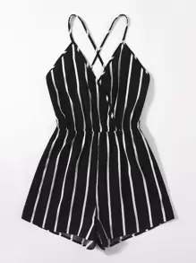 SHEIN VCAY 十字交叉露背條紋吊帶連身短褲 - 黑色 - 查看 5