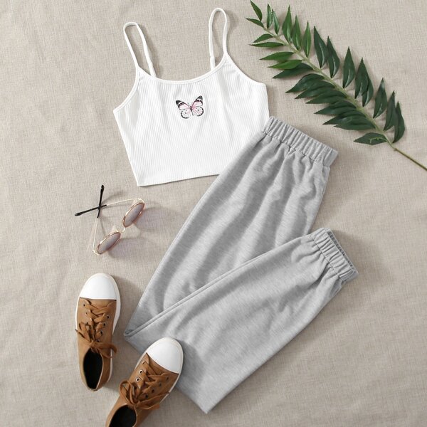 

Plus Butterfly Print Crop Cami Top & Sweatpants, Multicolor